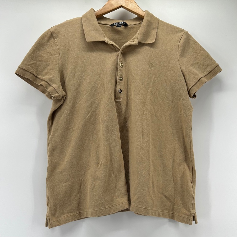 Lauren Ralph Lauren Polo Shirt Womens Large Tan Gold Button Pique Knit Preppy